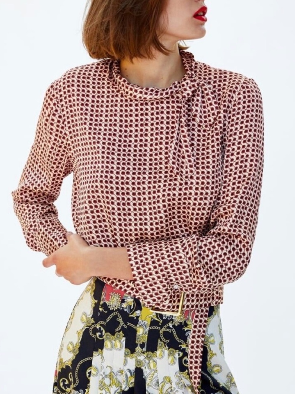 ZARA Geometric Print Satin Neck Tie Blouse Retro Style Office Casual Size L